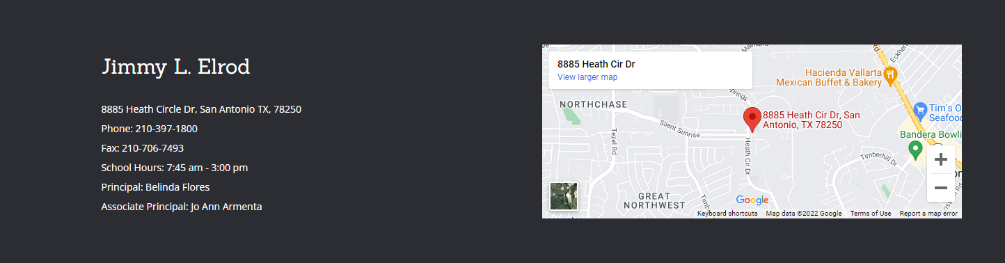 Jimmy Elrod Elem Telephone (210) 397-1800 and address - 8885 Heath Circle Dr., San Antonio Tx 78250