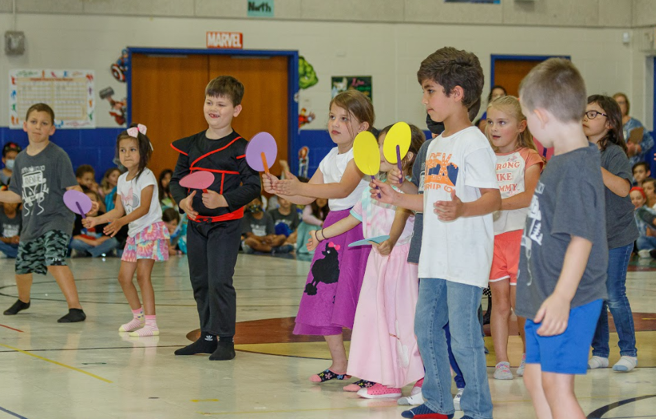 Students participating in Helotes Elementary Sock Hop