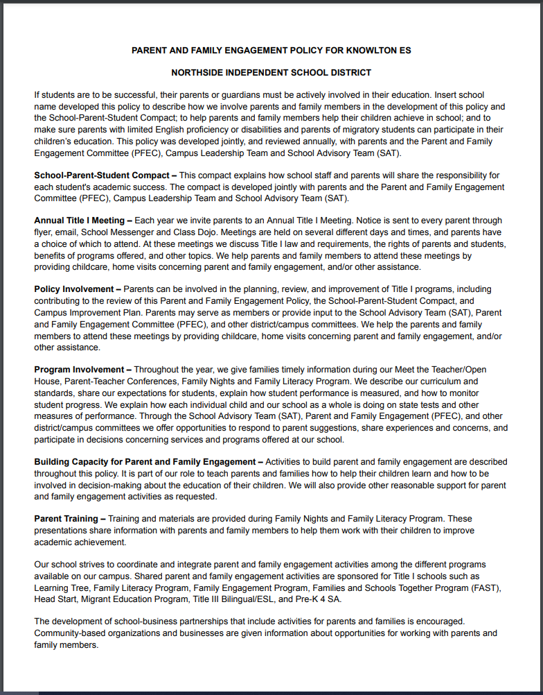 Parent & Family Engagement Policy for Knowlton Elementary NISD