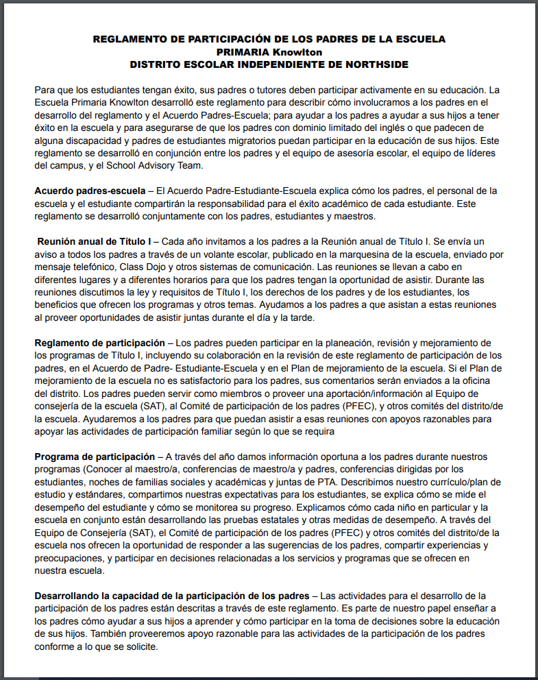 Política de participación de padres y familias para Knowlton Elementary NISD