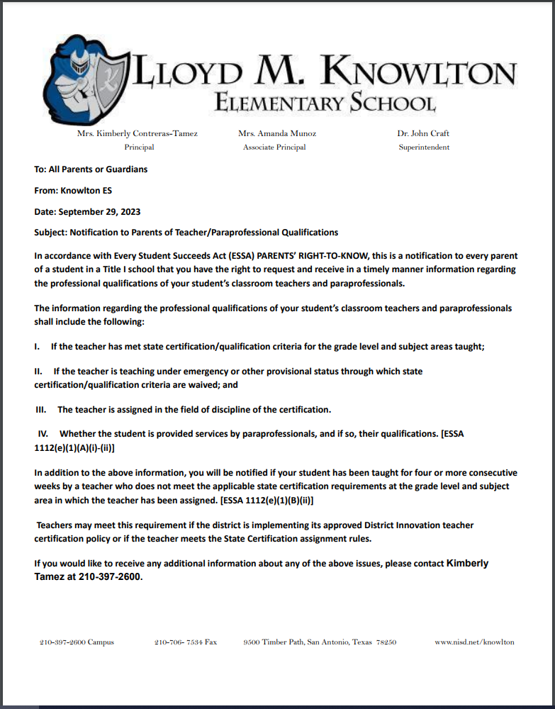 Right to Know Letter - Notification to Parents of Teacher/Paraprofessional Qualifications