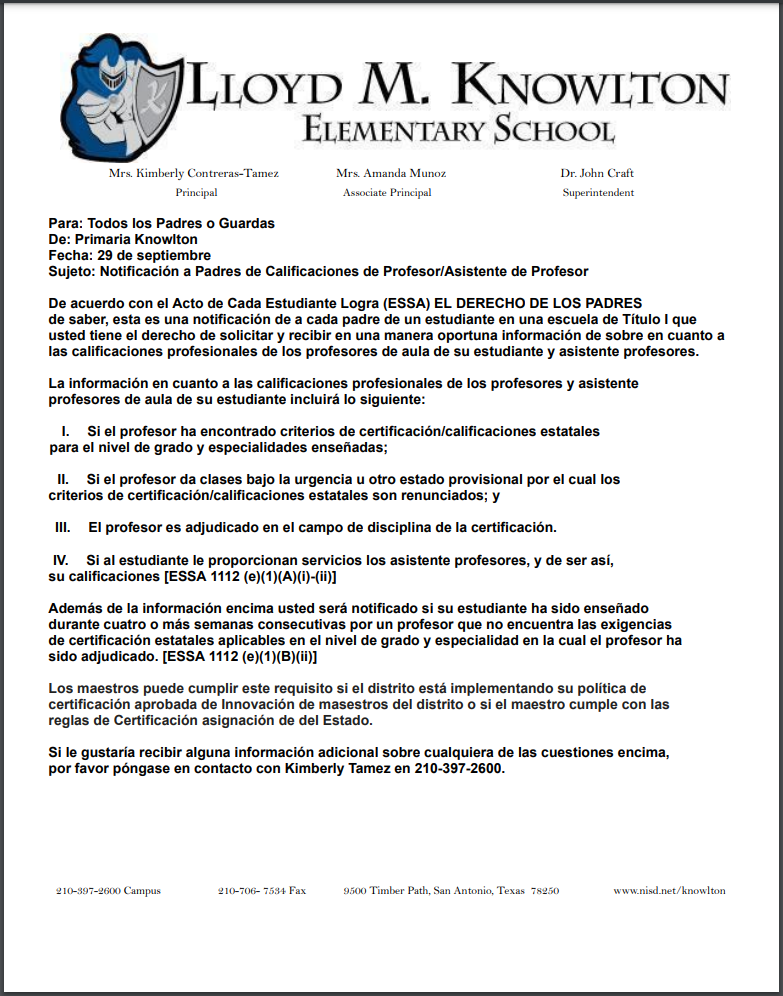 El Derecho De Los Padres - Notification a Padres Celificaciones de Profesor/Asistente de Profesor