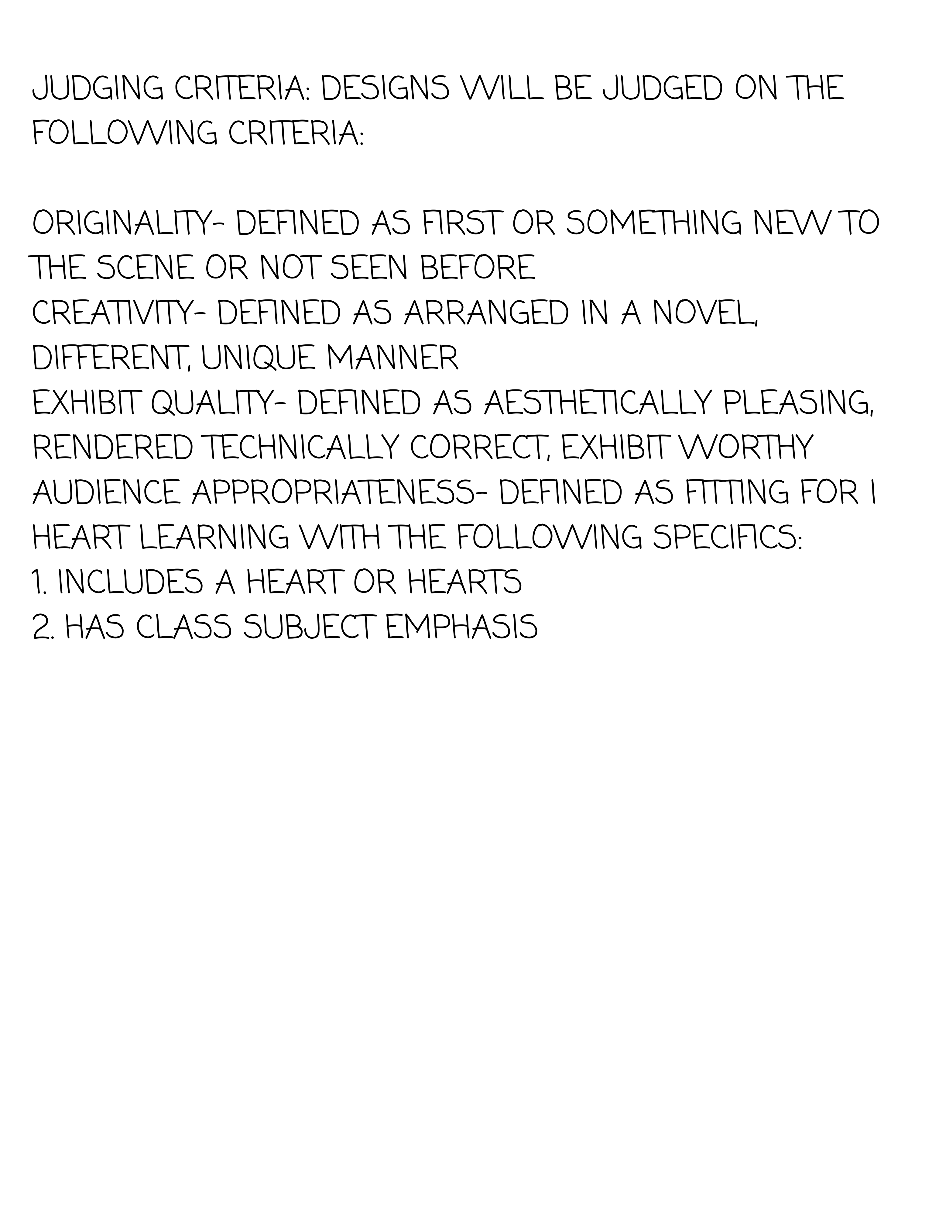 White background with black letters describing the judging criteria of the art contest 