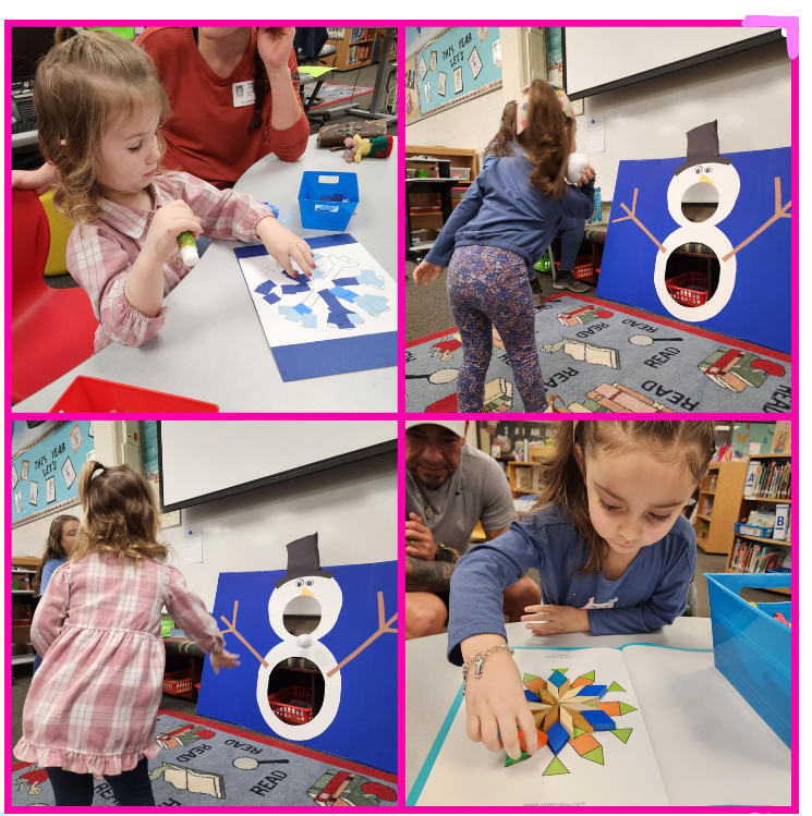 January Toddler Time We sang songs and read about snowmen and snow. Then we played a snowball game, used pattern blocks to make snowflakes and then did a snowflake craft.
