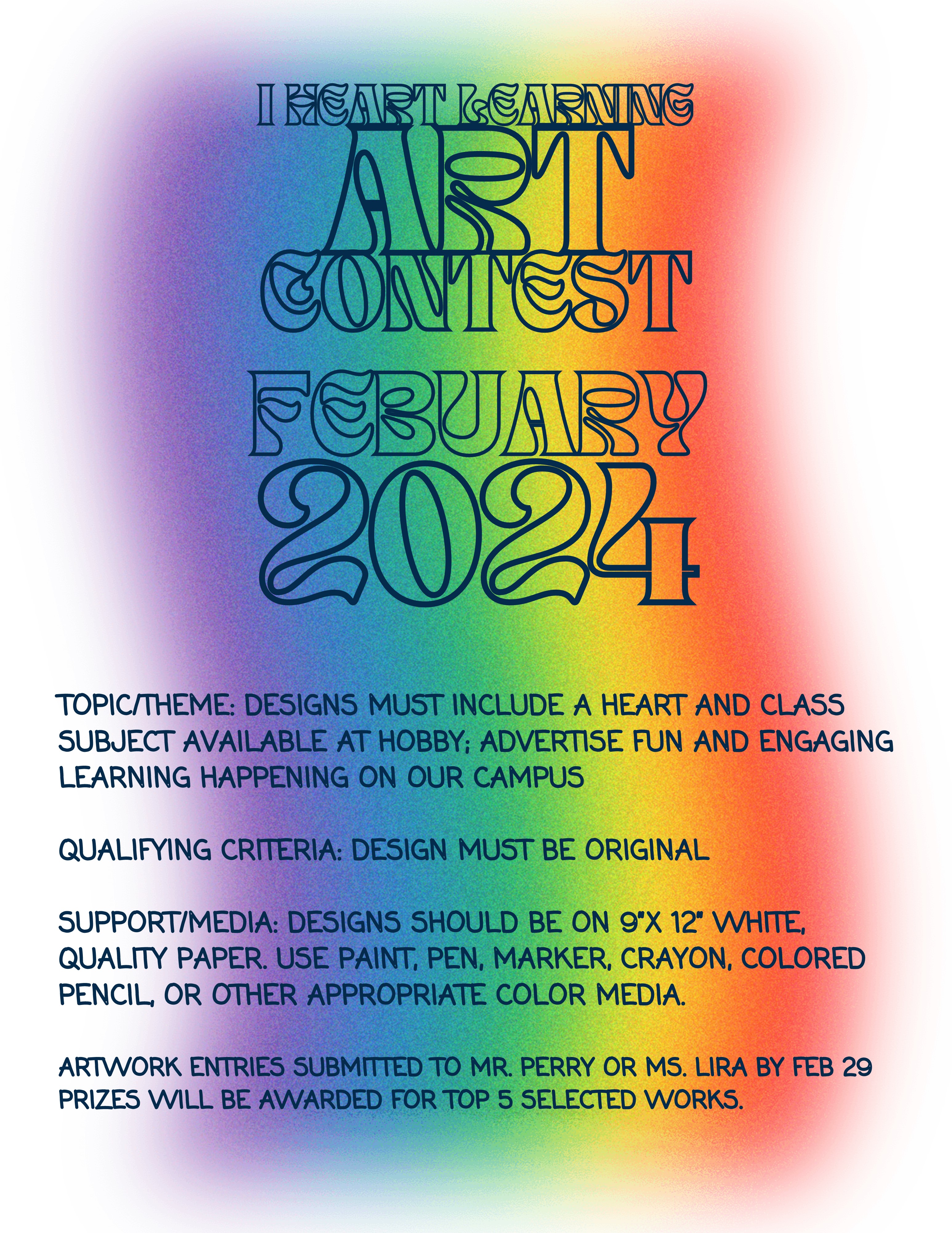 rainbow color illustration with black lettering describing the art contest at Hobby Middle School