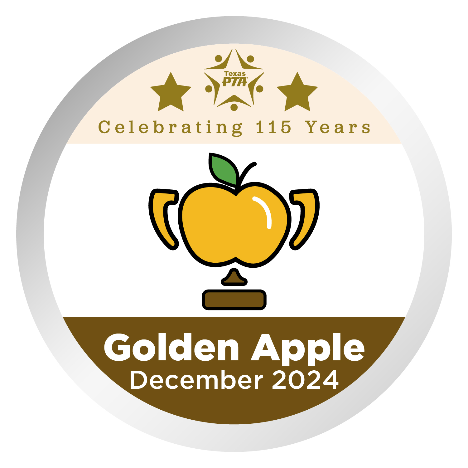 Golden Apple award badge with trophy in the shape on an apple.