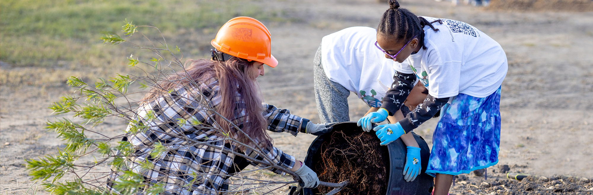 Students and volunteers planting trees