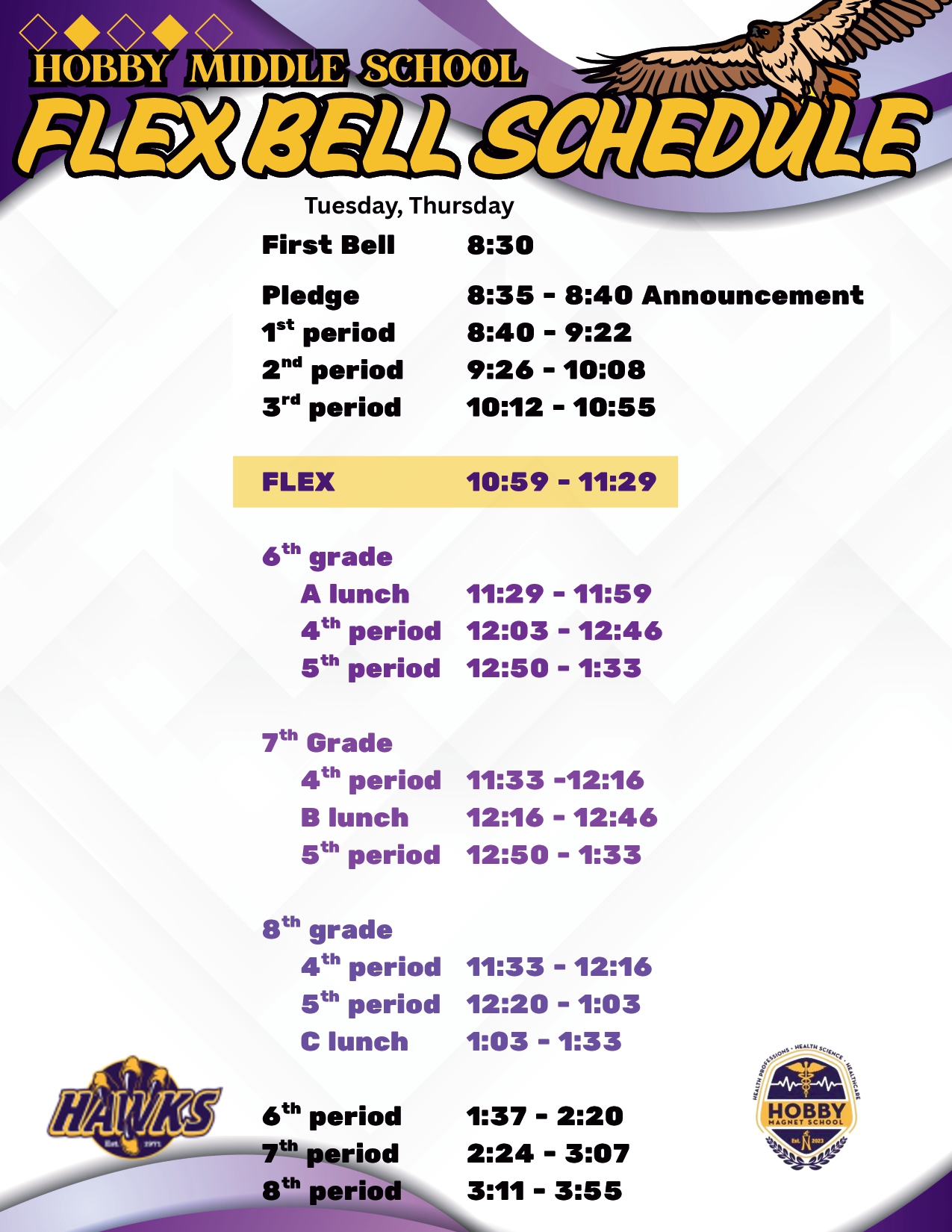 Hobby Middle School Bell Schedule. Image links to a pdf version of the bell schedule.