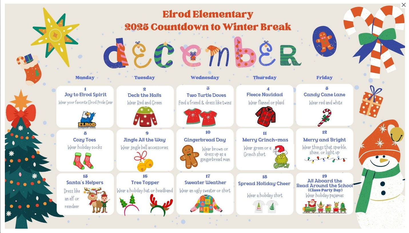 Elrod's 2025 countdown to Winter Break- Dec. 1 to Dec. 19, 2025