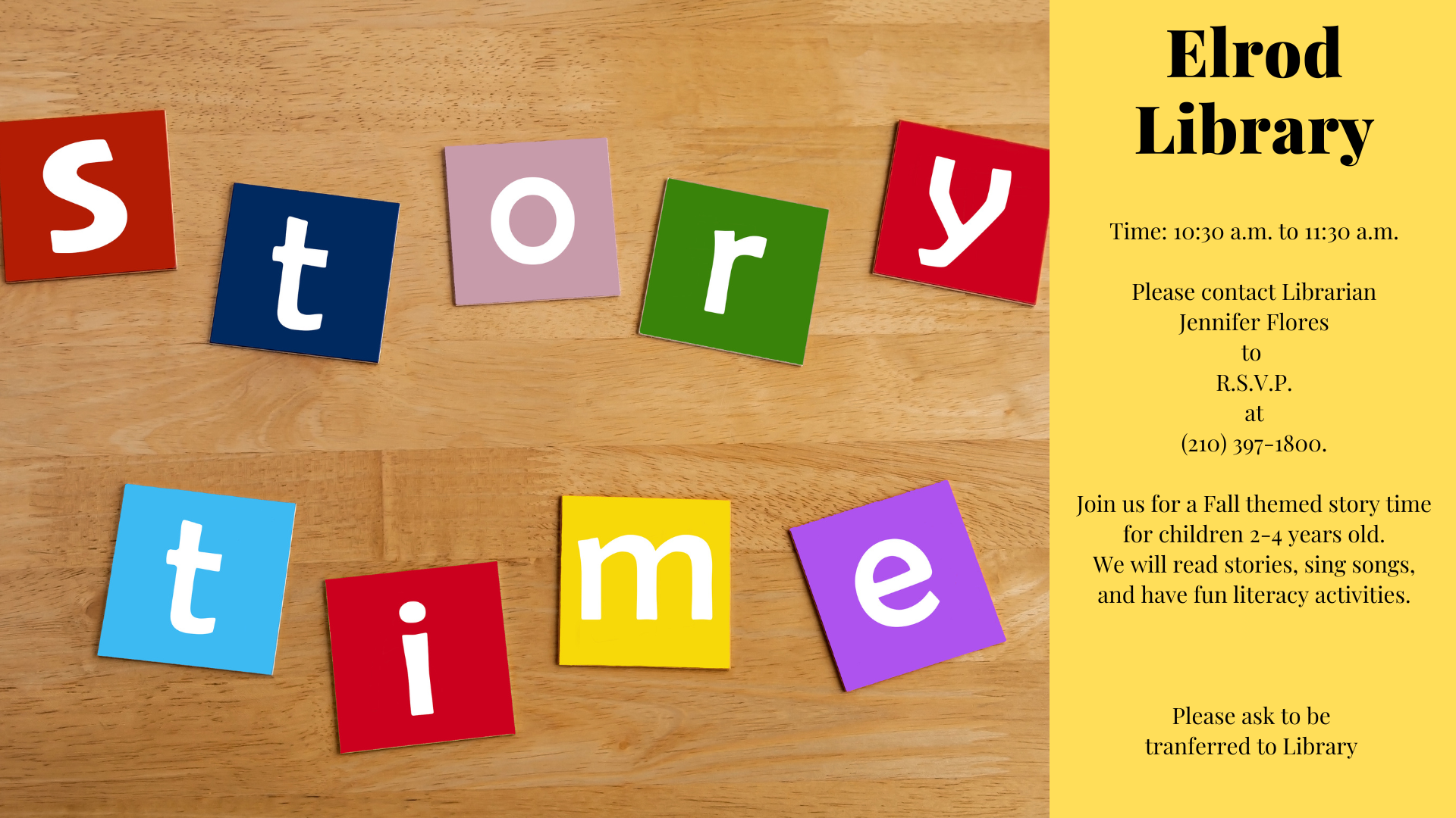 Elrod Library Toddler Time - Monday, October 20, 2025 at 10:30 am to 11:30 am