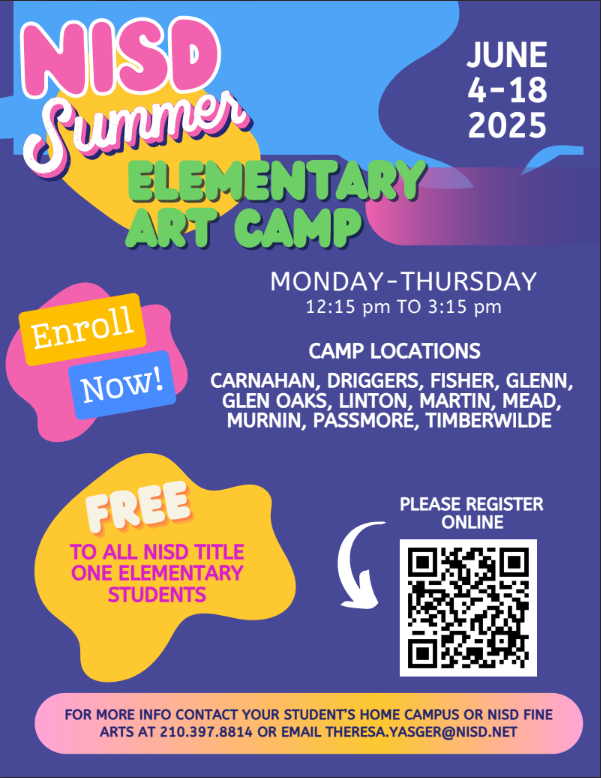 June 4-18, 2025, Mon-Thurs, 12:15 pm to 3:15 pm. We are excited to start collecting registrations for our amazing Summer Elementary Fine Arts Camps.  Any student that is enrolled in a Title One Elementary school that has completed Kindergarten is eligible to sign up.