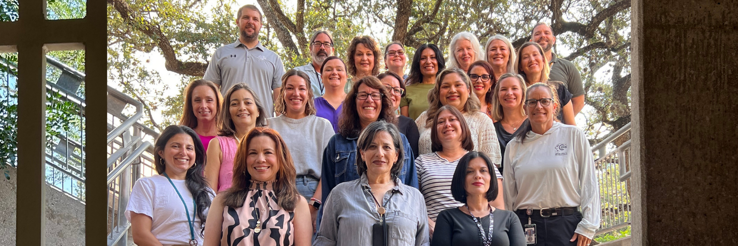 Group photo of the 2025-2026 English and ELL teachers outside in the Clark Courtyard.