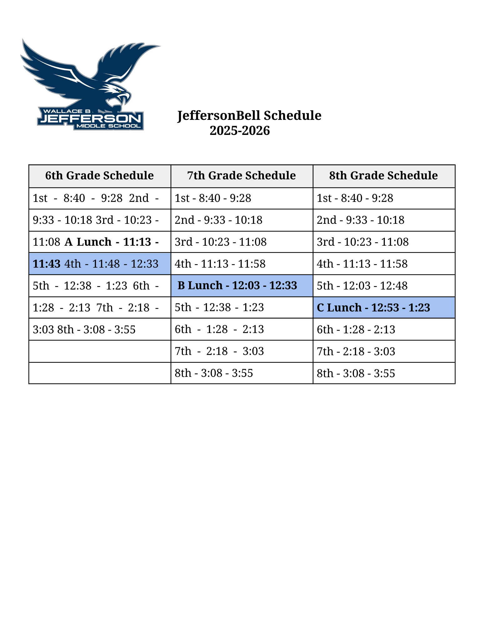 Jefferson Bell Schedule 2025-2026