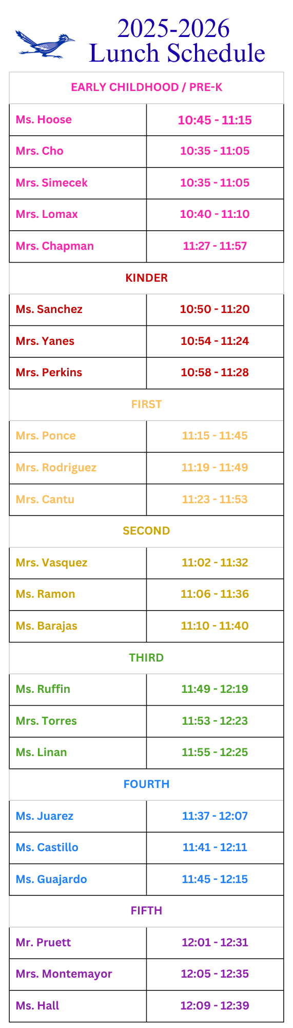 The lunch schedule for the school year is listed.  Call the school at 210-397-2000 for more information. 