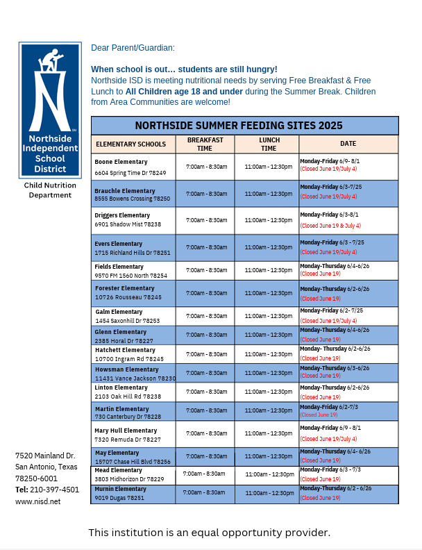 Northside ISD is meeting nutritional needs by servicing Free Breakfast and Lunch to All children age 18 years and under during the Summer Break.   Breakfast will be served from 7 a.m. to 8:30 a.m. and lunch will be served from 11:00 a.m. to 12:30 p.m. at participating elementary schools.   For a complete list of schools, times, dates and menus, please visit the NISD CHILD NUTRITION WEBSITE.