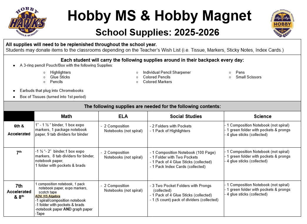 white background with black text and boxes explaining hobby MS school supplies needed for 25-26 school year!