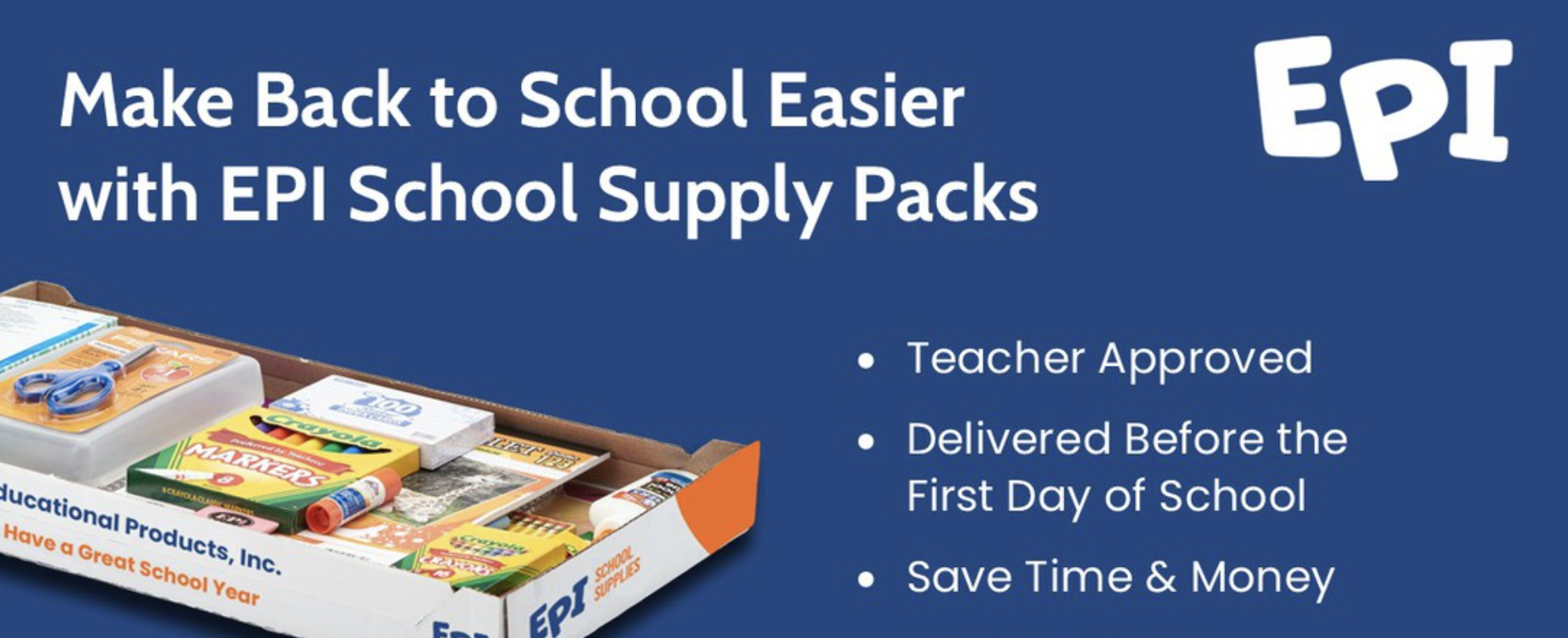 Graphic advertising "Make Back to School Easier with EPI School Supply Packs"