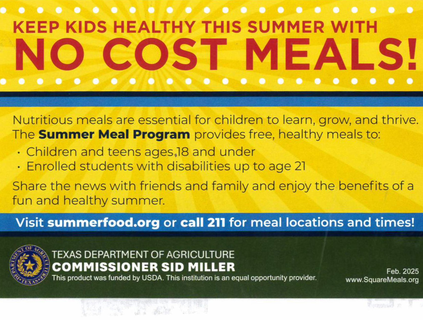 A yellow and black poster with information about free summer meals.