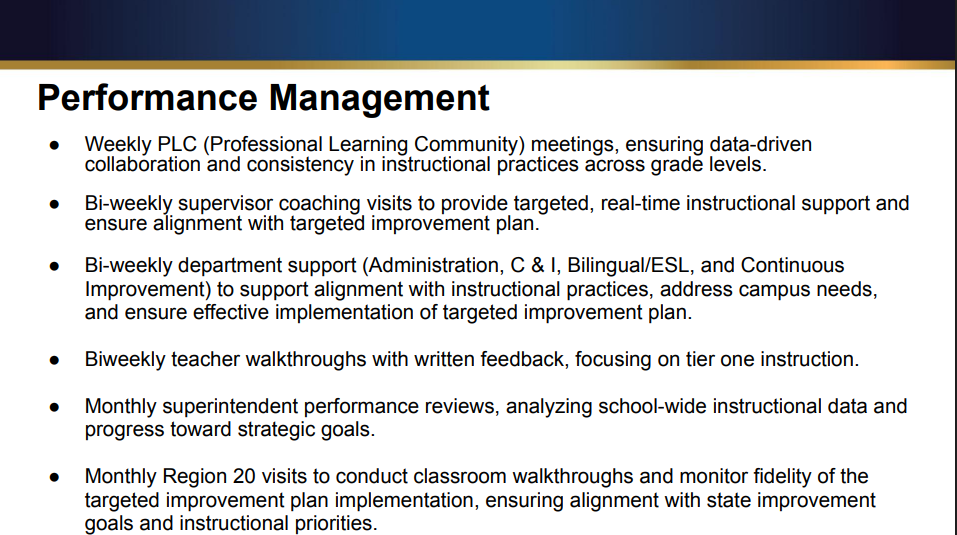 Performance Management ● Weekly PLC (Professional Learning Community) meetings, ensuring data-driven collaboration and consistency in instructional practices across grade levels. ● Bi-weekly supervisor coaching visits to provide targeted, real-time instructional support and ensure alignment with targeted improvement plan. ● Bi-weekly department support (Administration, C & I, Bilingual/ESL, and Continuous Improvement) to support alignment with instructional practices, address campus needs, and ensure effect