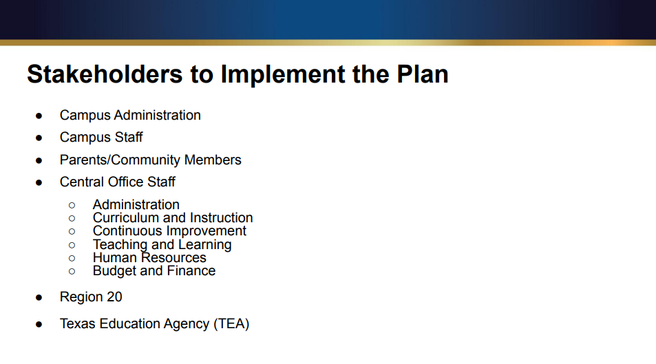 Stakeholders to Implement the Plan ● Campus Administration ● Campus Staff ● Parents/Community Members ● Central Office Staff ○ Administration ○ Curriculum and Instruction ○ Continuous Improvement ○ Teaching and Learning ○ Human Resources ○ Budget and Finance ● Region 20 ● Texas Education Agency (TEA)