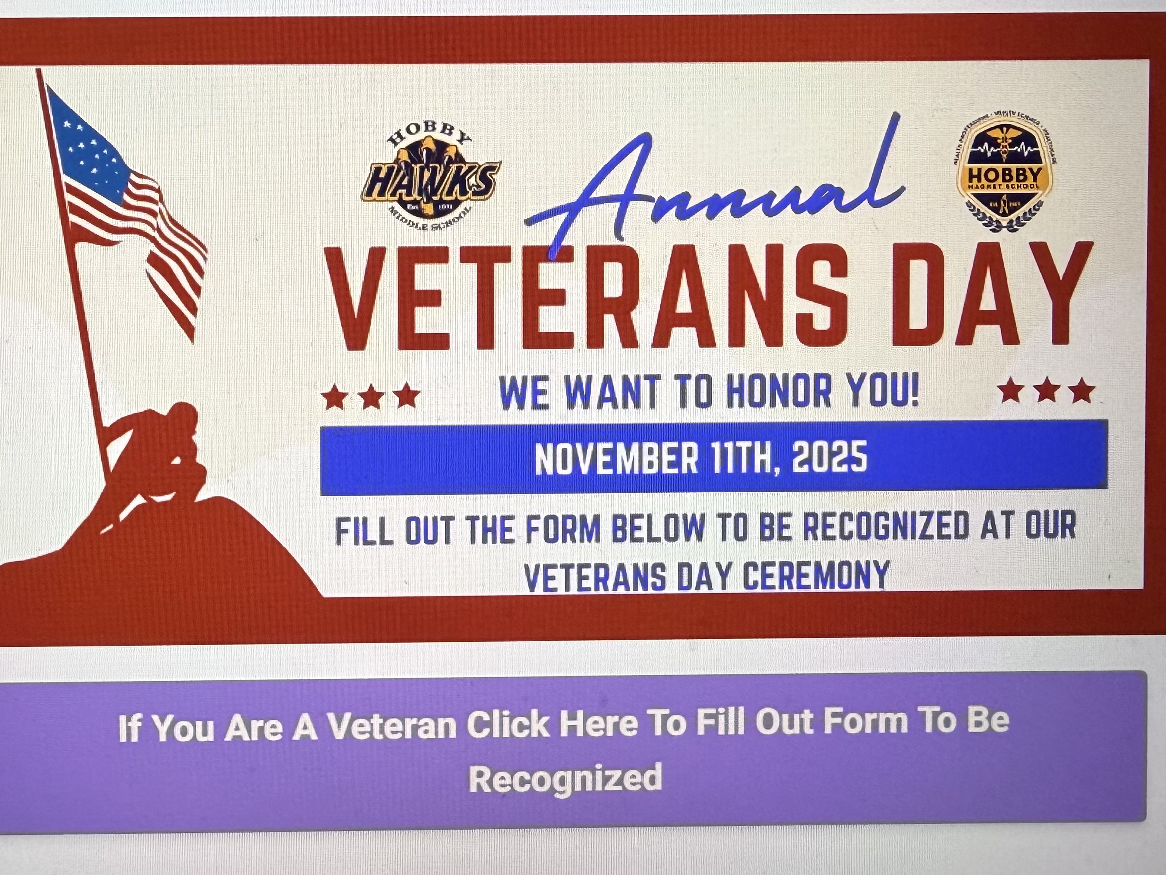 Hobby Middle school veterans Day flyer with red white and blue and text explaining event