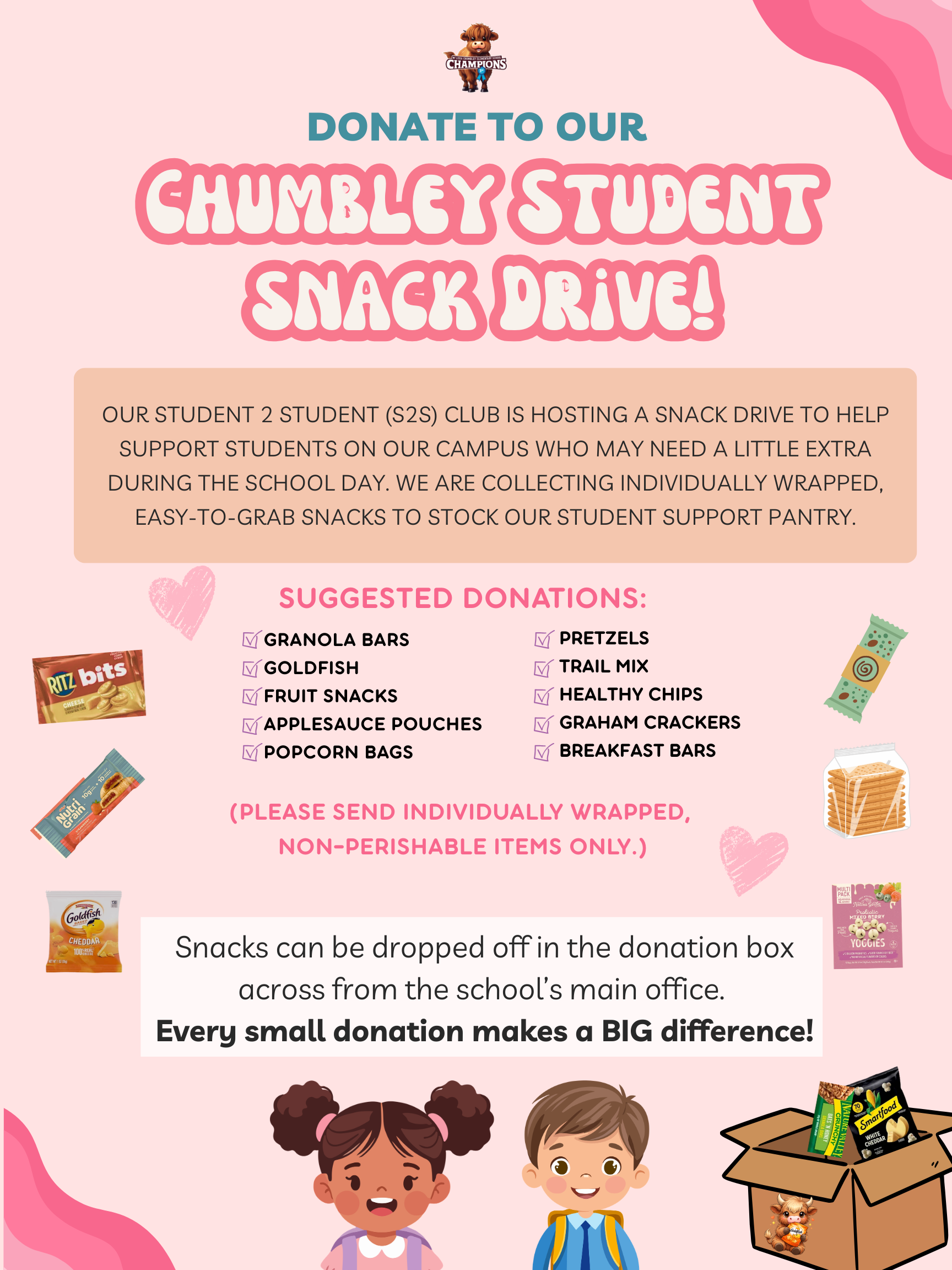 Flyer for Chumbley S2S student snack donation drive 
