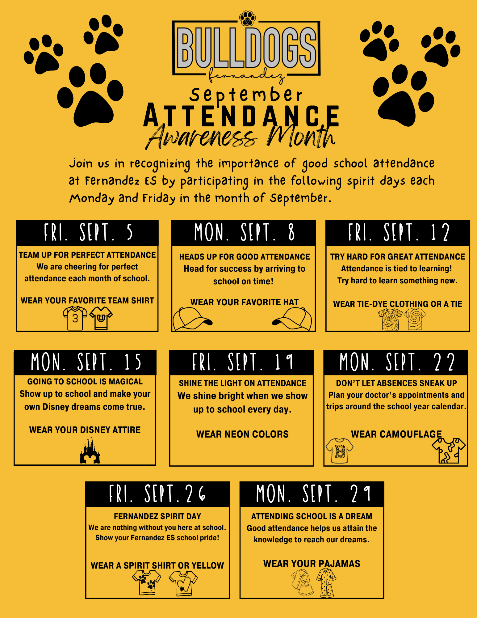 An image that lists spirit days in the month of september 