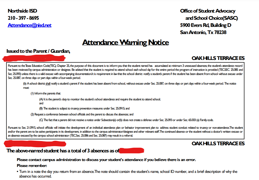 attendance warning notice