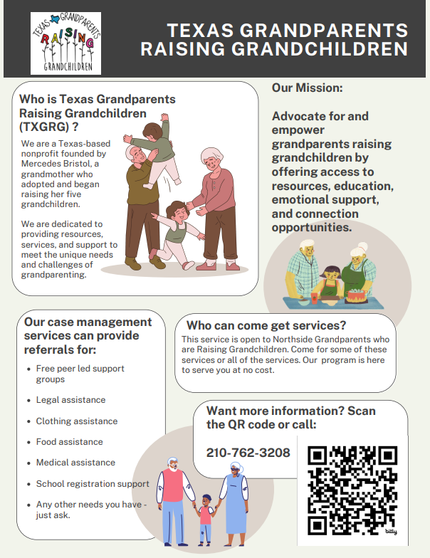 A flyer with information about a nonprofit for grandparents raising grandkids