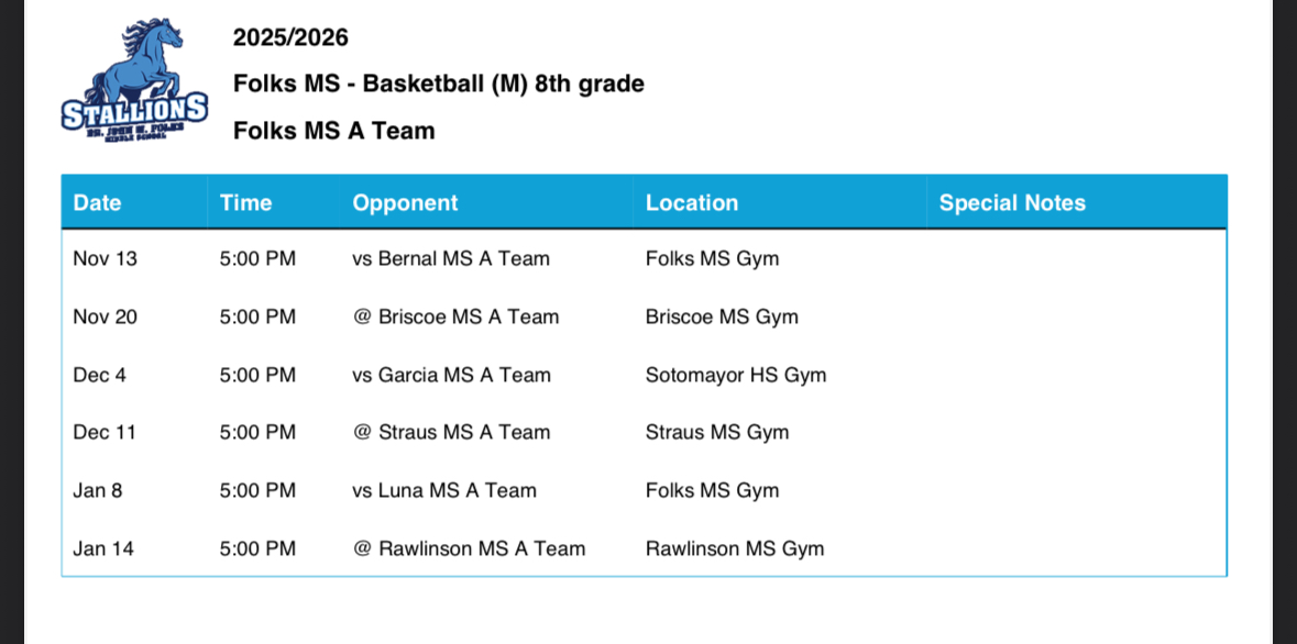 8th Grade Basketball Schedule