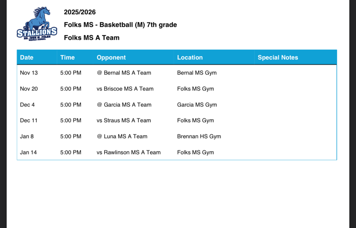 7th Grade Basketball Schedule