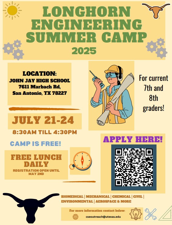 Jay Science & Engineering Academy is hosting a summer camp in participation with UT-Austin. The Longhorn Engineering Camp is FREE and open to current 7th & 8th graders. Space is limited, so interested students should apply early.  The camp is July 21-24, 8:30-4:30 Lunch is provided. Registration deadline in May 2nd.