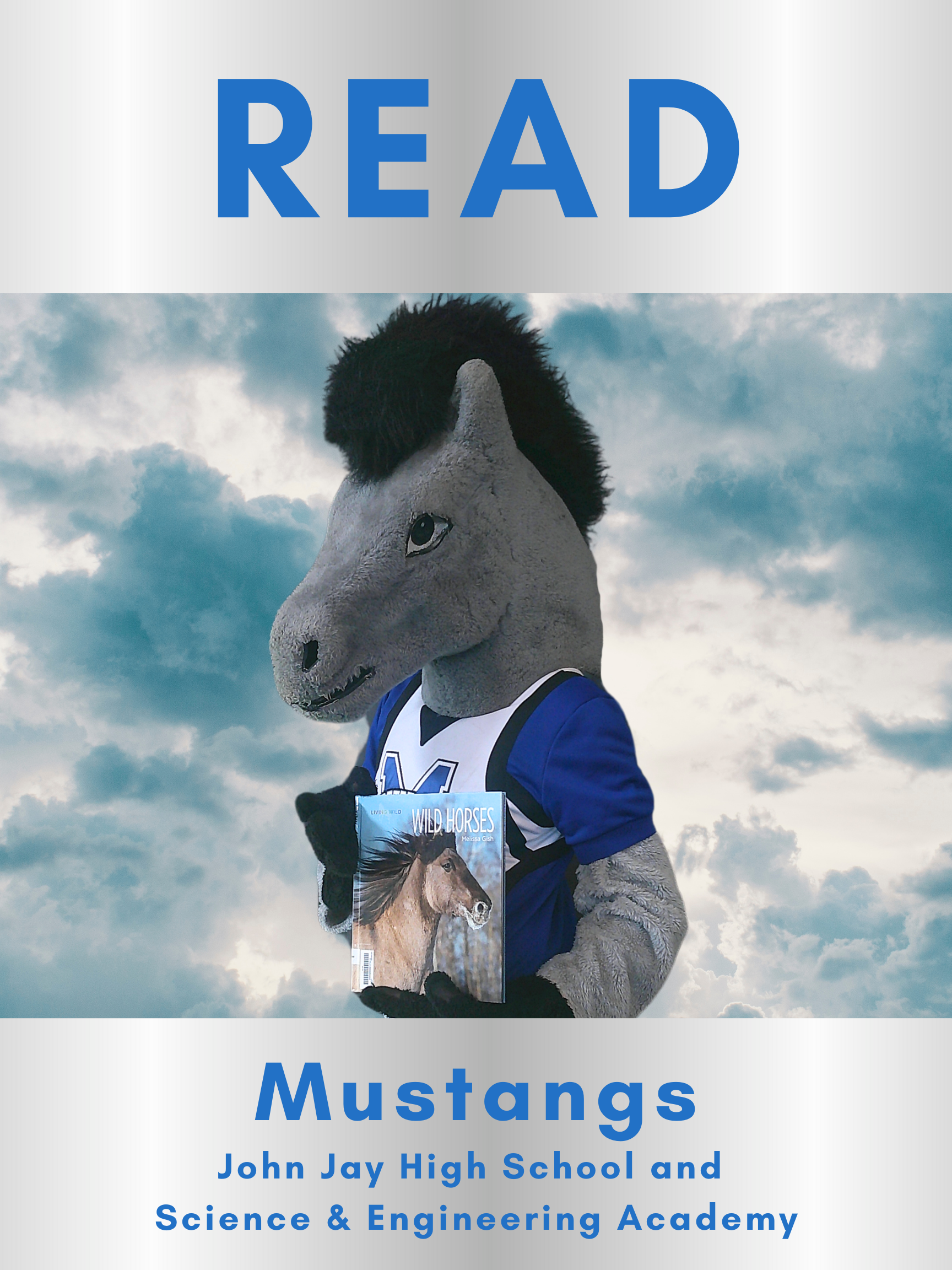 A mustang mascot holds up a book about wild horses underneath a sign that says "READ."