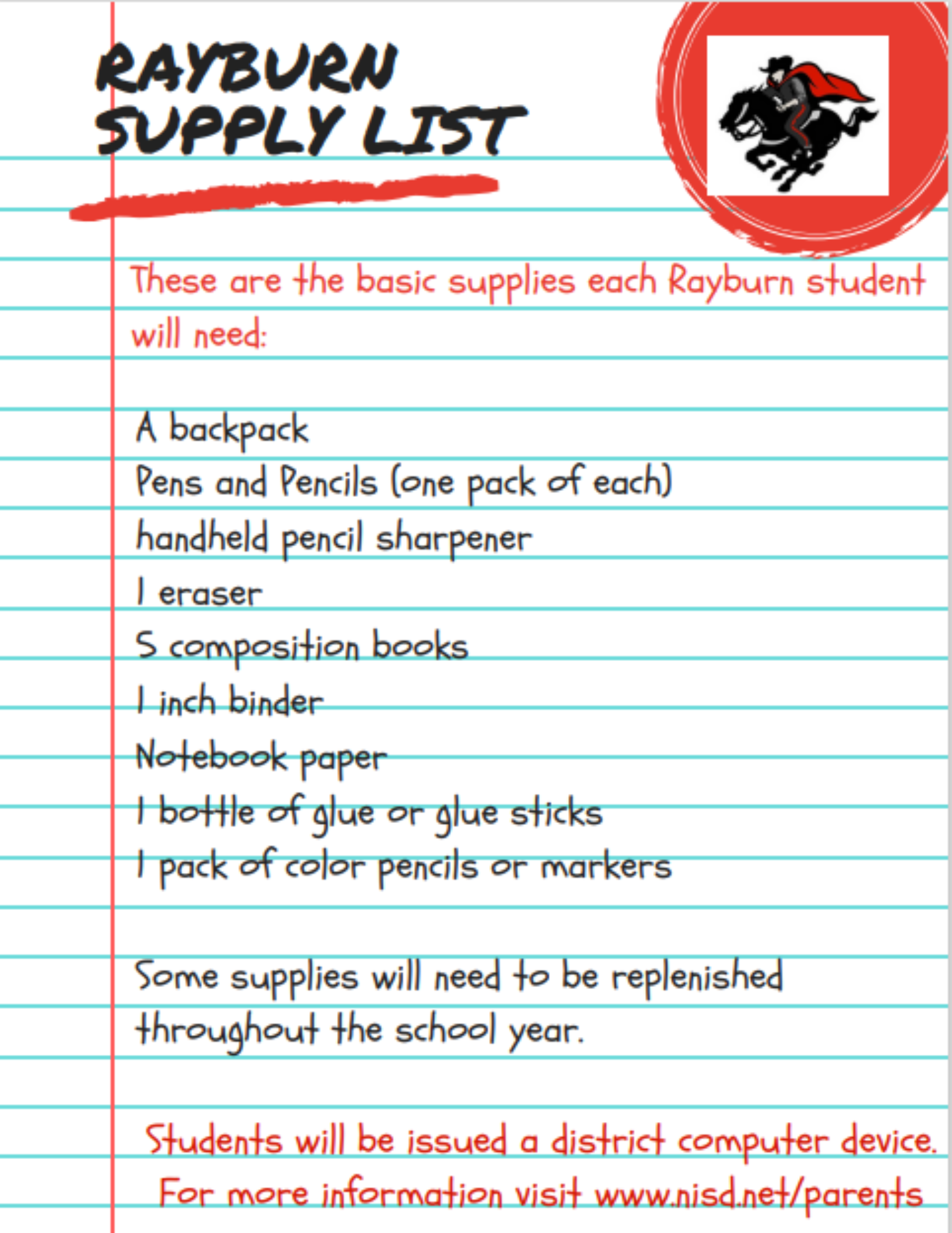 Rayburn School Supply List