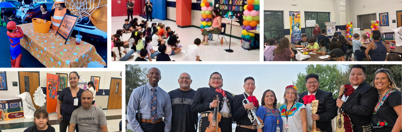 Myers staff and board member with mariachis, Myers literacy night, Myers Trunk-or-Treat 