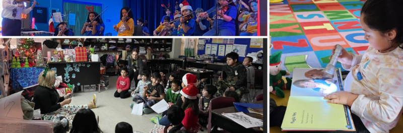 Students playing violin, reading with a flashing and teacher reading to students