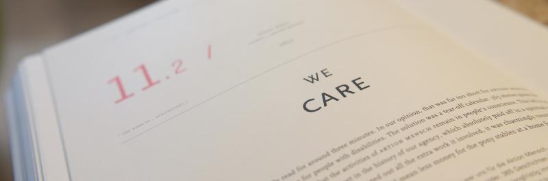 Image of a book with the text We Care 