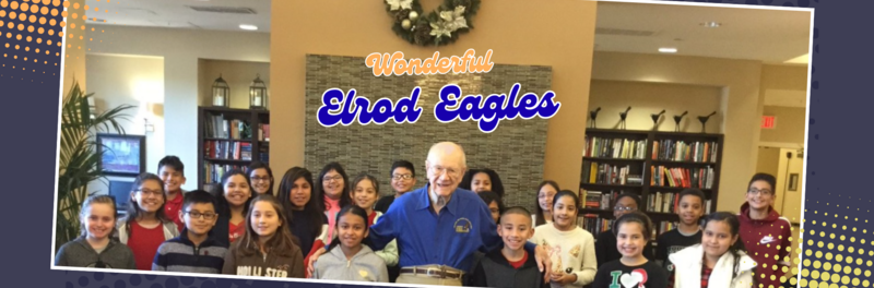 Namesake, Mr. Jimmy Elrod at library with Elrod students.