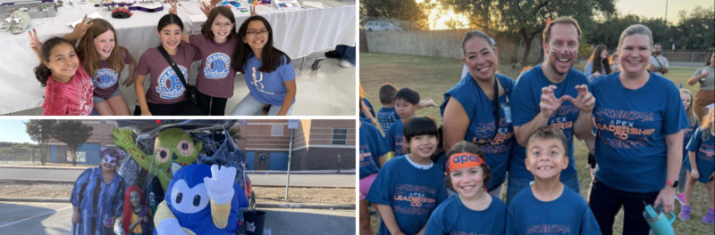 Pic collage of Beard Elementary students showing off their STEM skills, having fun at Trunk or Treat and celebrating their laps after the Apex Fun Run