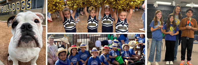 Pic Collage of a Bulldog puppy, Bulldog students on a Cornyval float, Bulldog Cheerleaders, and Helotes Elementary Principal with award winning Bulldog students