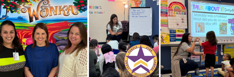 Front office staff in Wonka land, Mrs. Trevino's class, and Ms. Rodriquez with student
