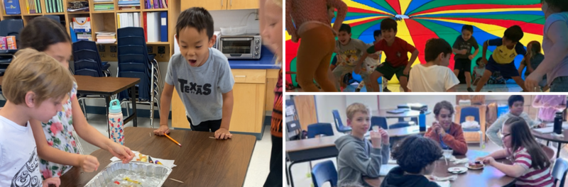 Pic collage of Beard Elementary students learning about science and enjoying a parachute activity in PE