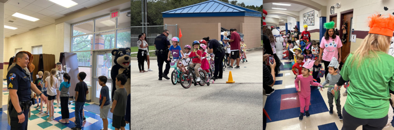 Collage of different campus events bike rodeo, pep rally and book character day