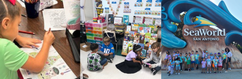 Student at desk, students in small groups, students at Sea World