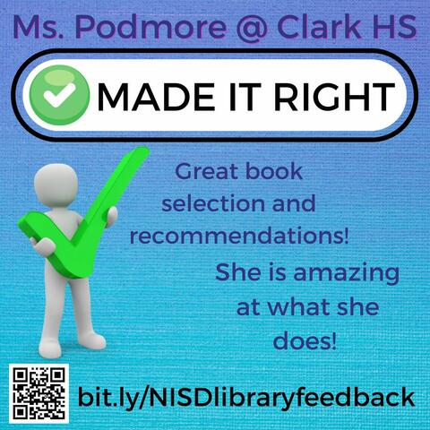 Feedback stating: Great book selection and recommendations. She is great at what she does.