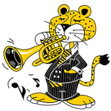 Leopard wearing black tuxedo playing a trump. 