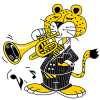 Leopard wearing black tuxedo playing a trump. 